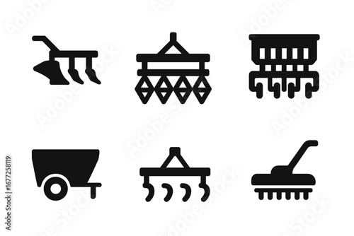 Solid Tractor Equipment Icons Vector Set, Filled Agriculture Machinery Symbols Including Plow, Harrow, Seed Drill, Trailer, Cultivator, Mower, Farming Tools Illustration on Transparent Background