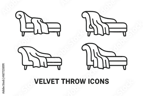 Chaise lounge with velvet throw blanket outline icon set. Home furniture and interior decor concept. Vector line art illustration of a divan with a draped plaid for comfort.