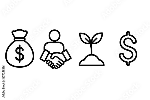 Venture capital and investment icon set. Thin line icons for startup funding, seed money, business growth, financial partnership, angel investor, and profit concept.