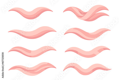 Various Abstract Pink Wave Shapes in Soft Pastel Tones on White Background, Vector Cartoon Illustration, Smooth Flowing Lines, Curved Design Elements, Set 2