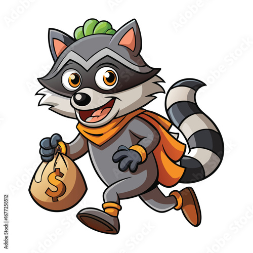 raccoon tiptoes quietly, clutching a money bag as a clever little thief