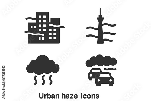Urban haze icons solid filled vector set of cityscape smog pollution traffic environment symbols with blurred buildings and distant tower design