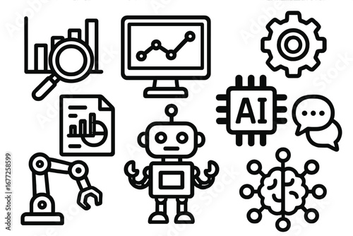 Black and white icons representing data analysis, artificial intelligence, robotics, machine learning, and technology concepts. Vector cartoon illustration with transparent background.