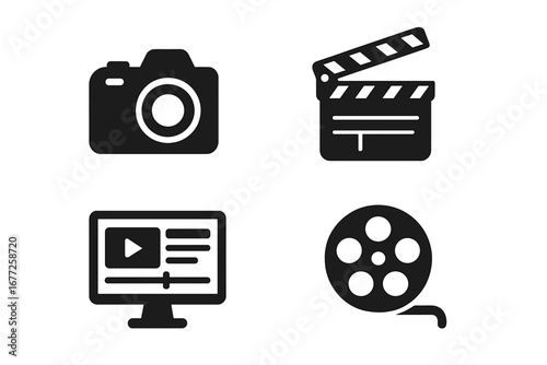 Video production icons. Solid, filled glyph icon set of video production tools. DSLR camera, movie clapperboard, timeline editor, film reel. Vector for cinema, filmmaking.