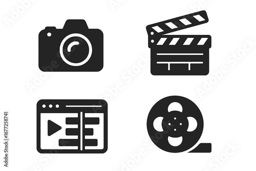 Video production solid icon set. Filmmaking and movie editing glyphs. Contains camera, clapperboard, timeline editor, film reel. Vector graphic symbols for cinema industry.
