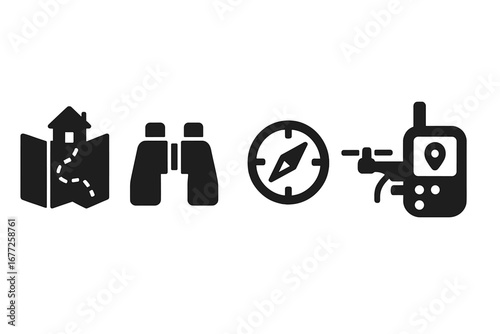 Urban Survival Icons Solid Filled Vector Set Featuring Navigation Map, Binoculars, Compass, Drone, and GPS Device for Outdoor and City Exploration