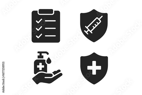 Vaccination safety icons set, solid filled vector symbols for vaccination protection, medical shield, sanitizer hand hygiene, checklist precaution signs on transparent background