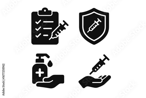 Vaccination safety icons set, solid filled vector graphics of vaccination checklist, shield protection with syringe, hand sanitizer use, and injection safety precautions on transparent background