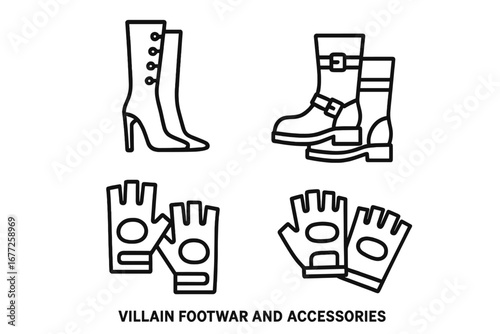 Villain accessory icon set. Outline vector illustration of high-heeled boots, biker boots, and fingerless gloves. Character costume elements for fashion or cosplay design.