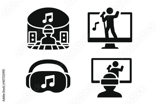 Virtual concert icon set, solid filled icons of VR stage performances, digital artist with headset, online music events, immersive virtual reality entertainment, vector illustration
