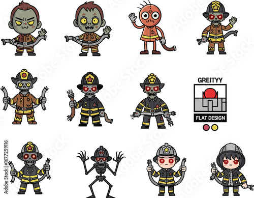 Zombie firefighter, skeleton rescue team, fantasy fireman, horror emergency crew, cartoon characters, flat design, alien firefighter, monster uniform, vector illustration