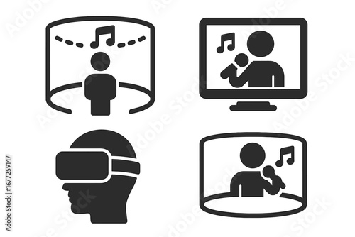 Virtual Concert Icon Set, Solid Filled Icons of VR Performances, Digital Artist with Headset, 360-Degree Stage, Online Music Event, Virtual Reality Entertainment, Vector Illustration
