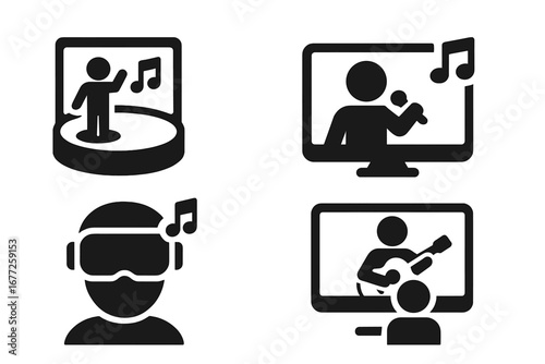 Virtual Concert Icon Set, Solid Filled Vector Illustrations of Digital Music Performances, VR Stage Singing, Headset with Music Note Symbols, Online Entertainment and Streaming Concepts