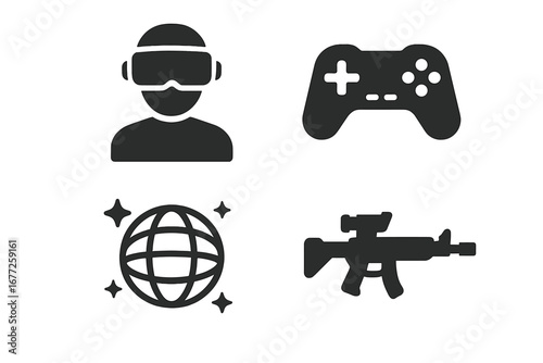Virtual gaming icon set with VR player, digital controller, immersive virtual world globe, and futuristic virtual weapon silhouette, solid filled vector illustration