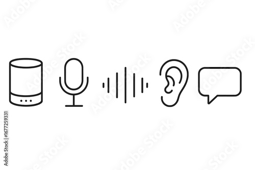 Voice Assistant Icons Set with Smart Speaker, Microphone, Sound Waveform, Listening Ear, Speech Bubble, Digital Voice Command Symbols, Outline Vector Illustration on Transparent Background