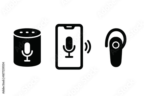 Voice device icons solid filled set of smart speaker voice assistant smartphone with voice command Bluetooth headset microphone technology vector illustration transparent