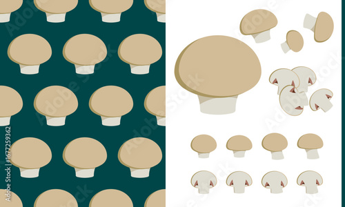 Button mushroom seamless pattern with detailed illustration