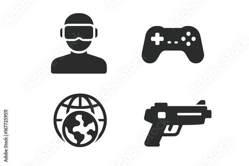 Virtual gaming icon set, VR player with headset, digital game controller, immersive virtual world globe, futuristic virtual gun, solid filled vector illustration