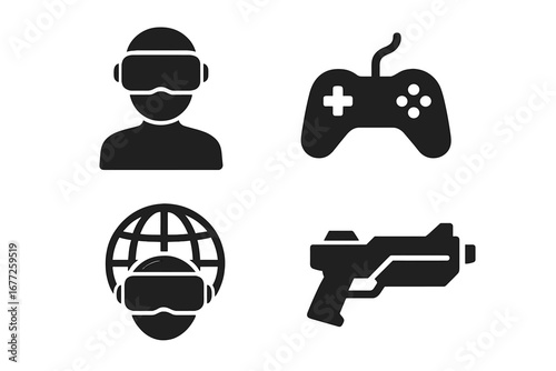 Virtual Gaming Icon Set with VR Player, Digital Controller, Immersive Virtual Reality, Futuristic Weapon, Online World, Digital Entertainment Vector Illustration