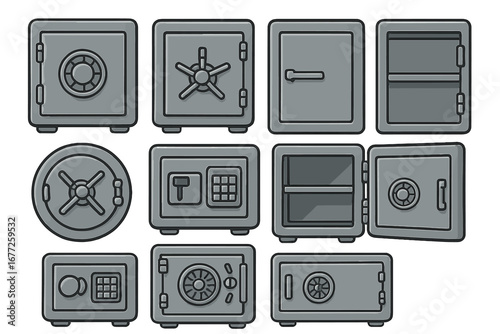 Various designs of safes with different locking mechanisms in a grid layout, vector cartoon illustration of secure vaults and strongboxes with transparent background