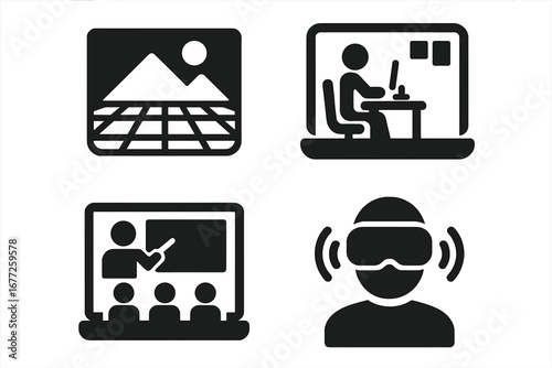 Solid filled virtual icons grid, digital landscape with virtual environment, remote office workspace, online classroom learning, immersive VR headset, vector illustration
