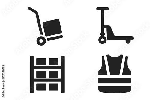 Solid Vector Warehouse Tools Icons Set, Filled Symbols for Warehouse Equipment, Hand Truck, Pallet Jack, Storage Rack, Safety Vest, Industrial Shipping and Logistics Signs