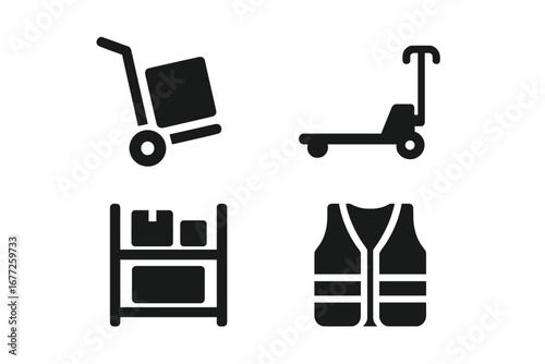 Solid Filled Warehouse Tools Icons Set, Industrial Equipment Symbols Including Hand Truck, Pallet Jack, Storage Rack, Safety Vest Vector Illustration on Transparent Background