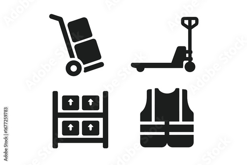 Solid Filled Warehouse Tools and Equipment Icons, Hand Truck, Pallet Jack, Storage Rack, Safety Vest, Industrial Logistic Vector Illustration Transparent Background