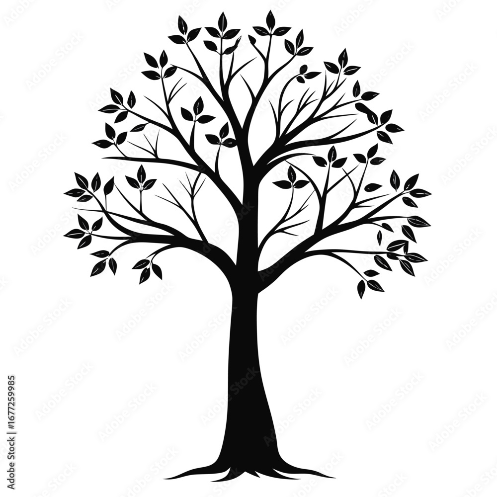 Obraz premium Black Silhouette of a Tree with Leaves and Visible Roots on White Background vector illustration