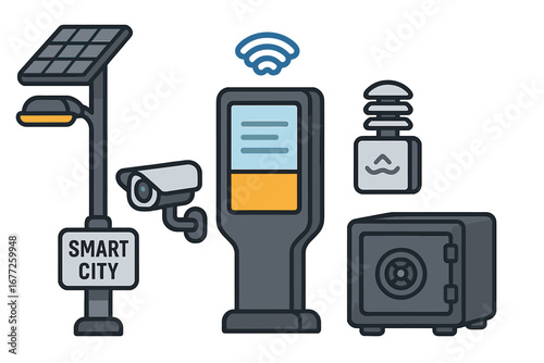 Various Smart City Utilities and Security Elements Including Solar-Powered Lamp Post, Surveillance Camera, Digital Display Unit, Environmental Sensor, and Secure Safe, Vector Cartoon Illustration
