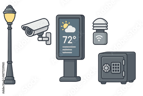 Smart city utilities and security elements including lamp post, surveillance camera, digital display board, sensor device, and secure safe. Vector cartoon illustration.