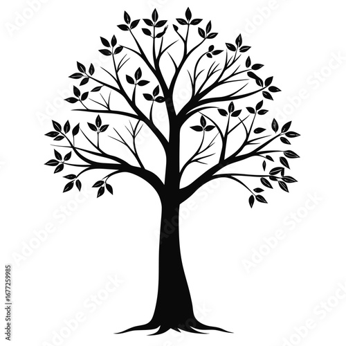 Black Silhouette of a Tree with Leaves and Visible Roots on White Background vector illustration
