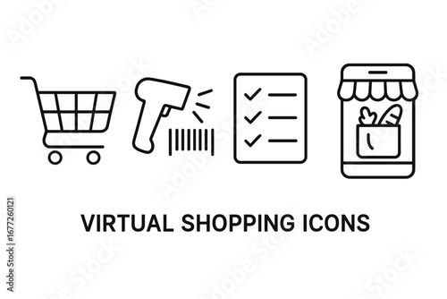 Virtual Shopping Icons Set, Outline Grocery Orders, Shopping Cart, Barcode Scanner, Checklist, Mobile Grocery Store, Vector Transparent Illustration
