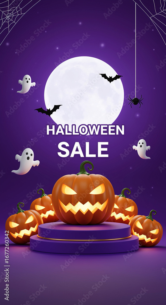 Fototapeta premium Halloween Sale Jack o lanterns Ghosts Bats Moon Background jack
