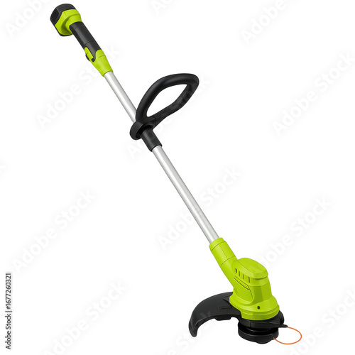 Photo of a modern electric string trimmer with a green body and black handle, isolated on transparent background