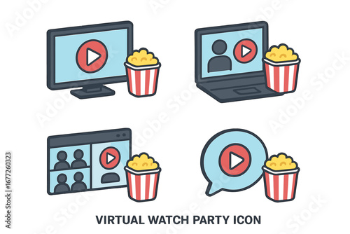 Virtual watch party icons set, isometric flat design of online movie watching, movie streaming on TV and laptop screens, social video chat with popcorn, entertainment concept vector illustration