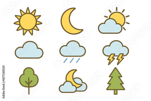 Various weather symbols including sun, moon, clouds, rain, lightning, and trees in a minimalist cartoon vector illustration with transparent background, ordered set design elements