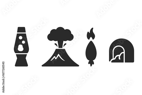 Volcanic Activity Icons Set - Solid Filled Vector Illustrations of Lava Lamp, Smoke Plume, Volcanic Bomb, and Lava Tube Symbols for Geological and Nature Design