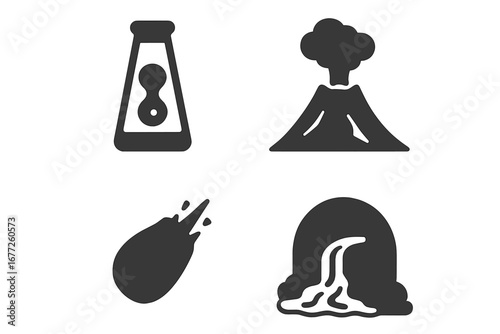 Volcanic activity icons set, solid filled vector symbols depicting lava lamp, smoke plume, volcanic bomb, lava tube, volcanic eruption, geological phenomena, magma flow illustration