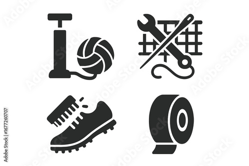 Volleyball Equipment Icons Set with Ball Pump, Net Repair Tools, Shoe Cleaner Brush, Sports Tape Roll, Solid Filled Vector Illustration for Volleyball Gear Maintenance and Repair
