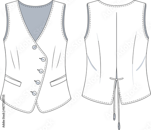 Stylish women's sleeveless vest, buttoned front, tailored fit with pockets, back tie detail, fashion apparel design, casual and formal wear, vector illustration.