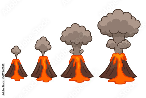 Volcanic eruption stages with lava flow and ash clouds at different intensity levels, cartoon vector illustration, editable transparent background, ordered set of volcanoes