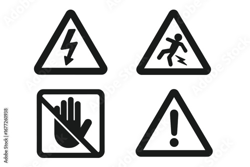 Solid filled voltage warning icons set with high voltage signs, electric shock hazard symbols, do not touch hand warning, and danger alert symbols for safety and caution