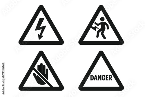 Voltage warning icons set, solid filled signs high voltage danger, electric shock hazard symbol, no touch hand sign, safety alert triangles, vector illustration transparent