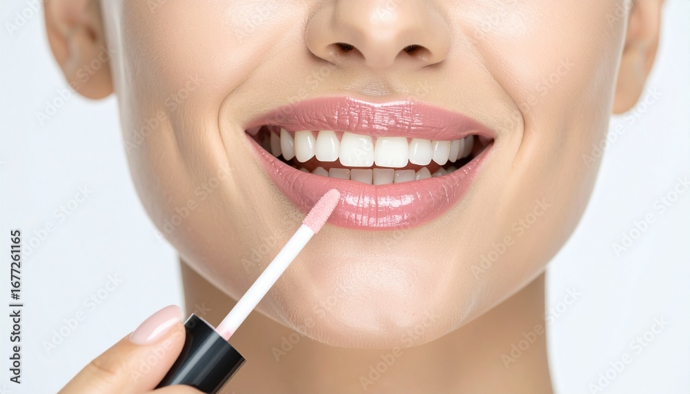 Naklejka premium Close-up of a smiling woman's mouth as she applies glossy pink lip gloss with a wand applicator, showcasing her perfect white teeth and smooth skin.