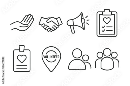 Volunteer icons set, outline style vector illustrations of helping hand, handshake, megaphone, clipboard with heart, volunteer badge, location pin, group of people symbols for community and charity