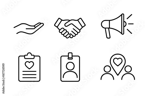Volunteer Icons Set, Outline Vector Graphics for Volunteer Work and Community Support including Helping Hand, Handshake, Megaphone, Clipboard, Badge, Map Pin, Group Symbols, Transparent Background