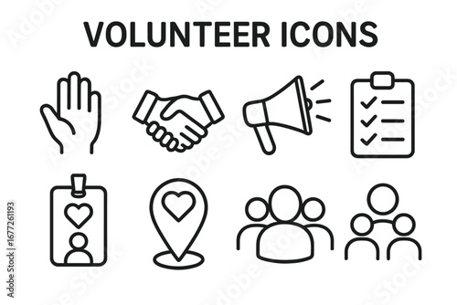 Volunteer Icons Set, Outline Vector Illustration of Helping Hand, Handshake, Megaphone, Clipboard, Badge, Map Pin, Group of People, Community Support, Charity Symbols