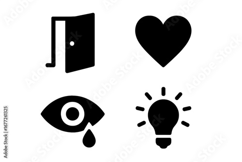 Vulnerability icon set with open door, exposed heart, crying eye, and glowing lightbulb symbols representing openness, emotion, insight, and awareness in solid vector design
