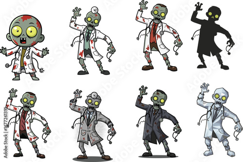 cartoon zombie doctor, medical horror character, undead physician, vector illustration, scary hospital theme, green skin, blood stains, comic style, silhouette, polygon art
